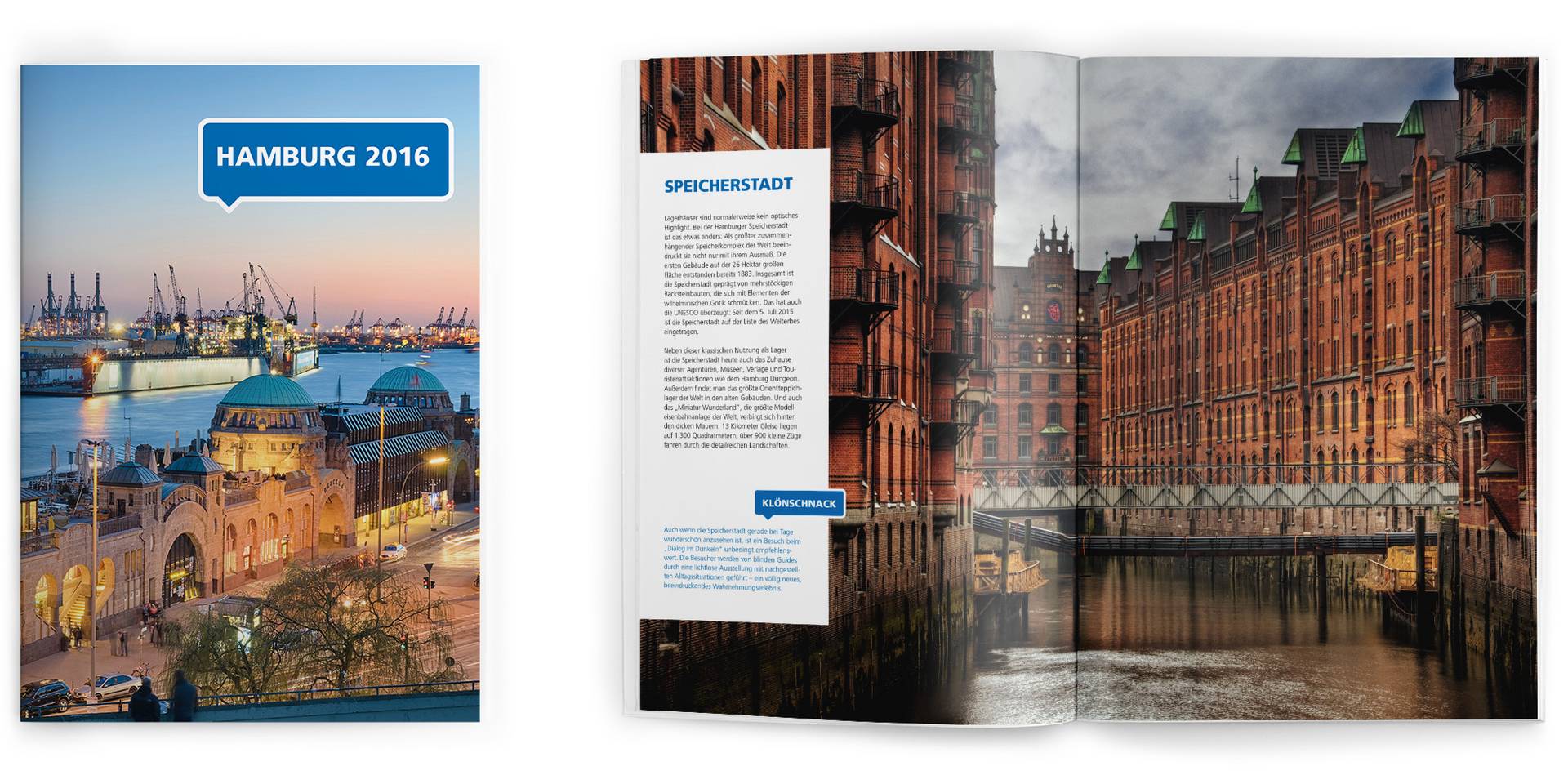 Cover zu Hamburg 2016 und Innenansicht der Broschüre mit dem Thema Speicherstadt 