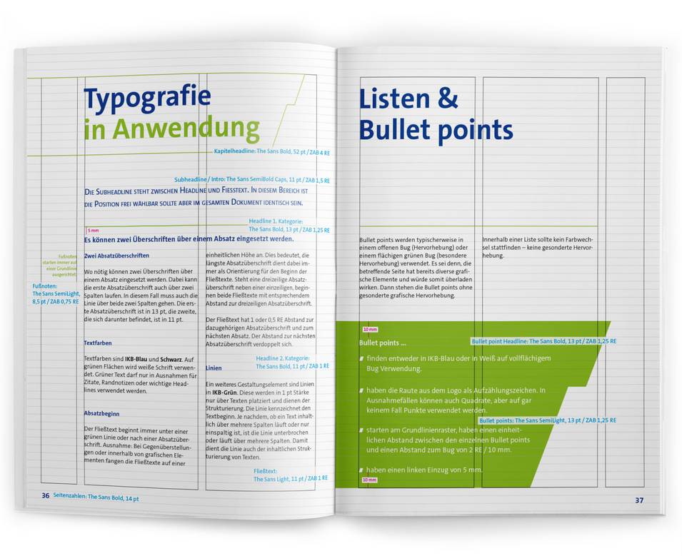 CD-Manual-Innenseite mit Vermaßungen zur Typografie