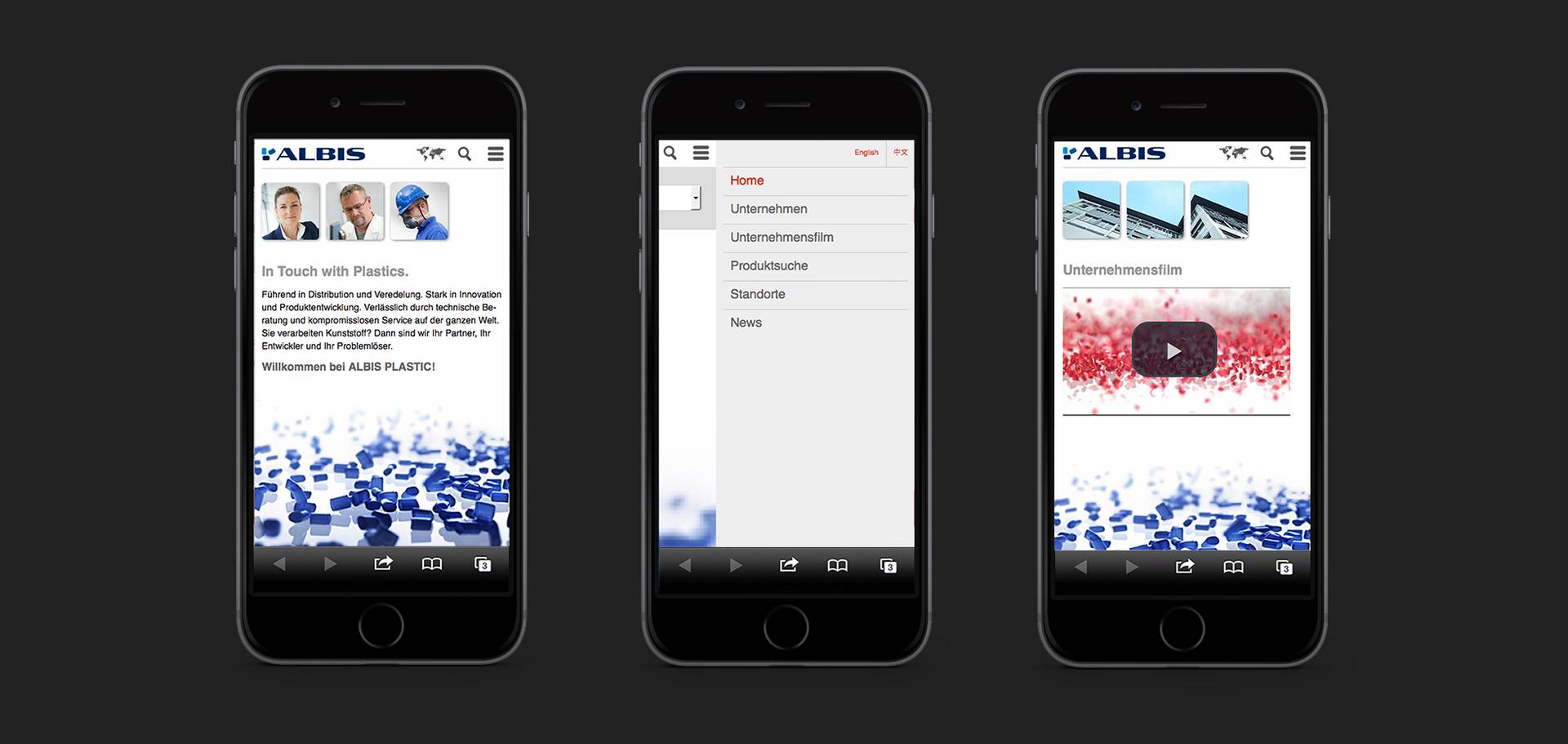 Präsentation der ALBIS Plastic Website auf drei iPhones