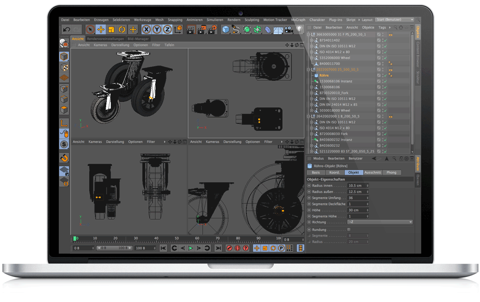 Animation der Cinema 4D Arbeitsentwicklung auf einem MacBook